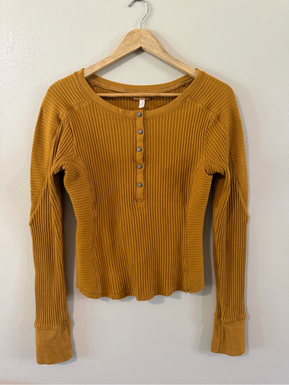 FP Movement Free People Ribbed Henley Top, Mustard Gold, Size Large